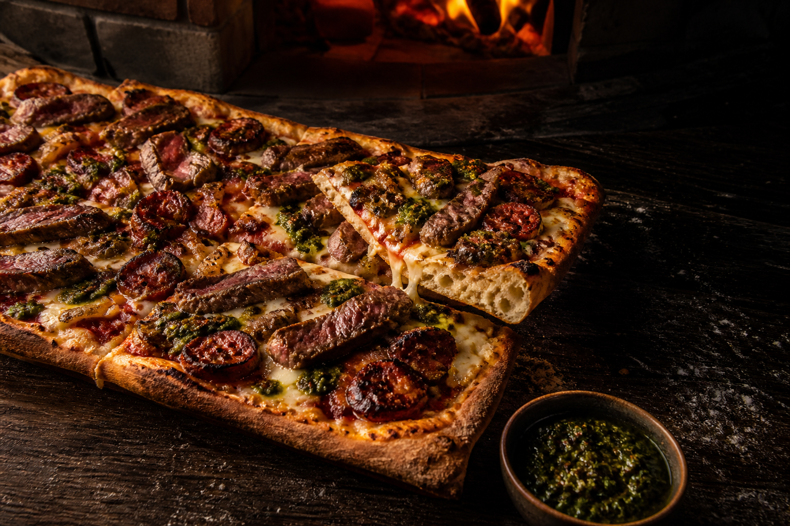 Pizza Monumental artesanal con cortes y pesto